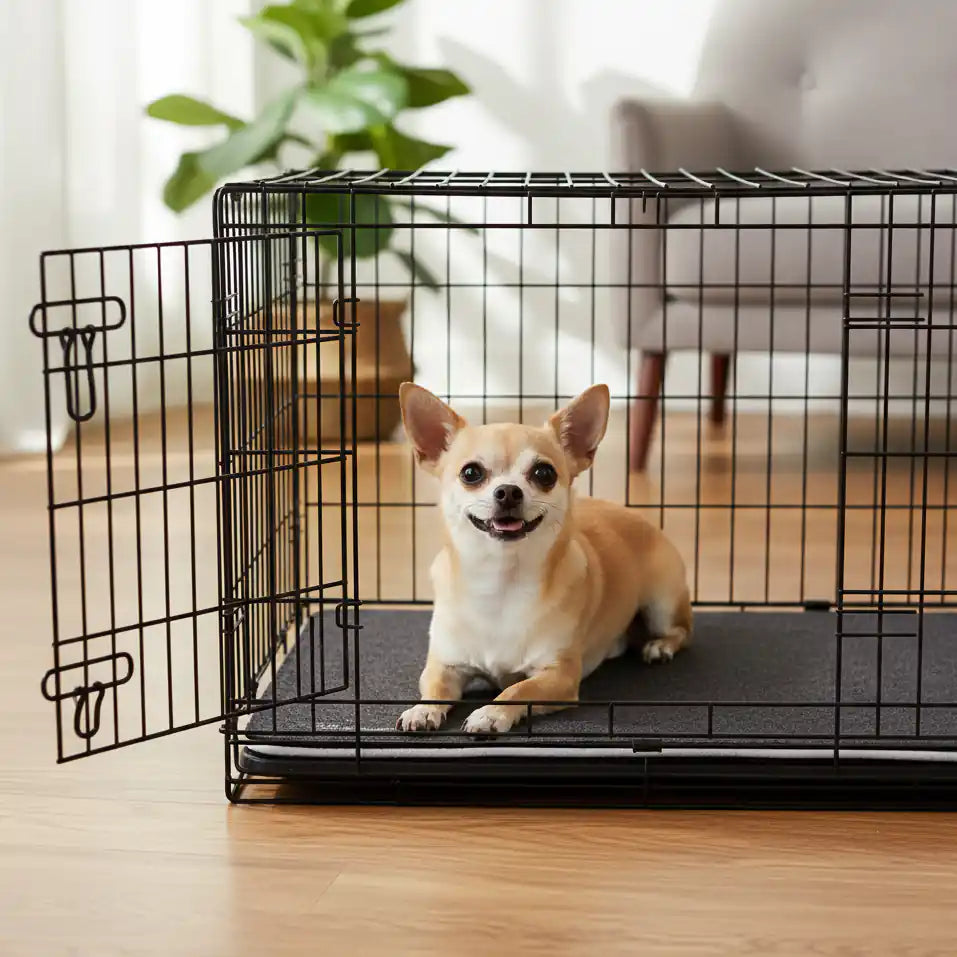 Extra small dog on Magic Carpet™ absorbent kennel liner and crate liner, reusable washable feeding station mat for puppies and small breeds